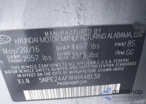 2017 Hyundai Sonata Se z USA, uszkodzony, nr VIN 5NPE24AF8HH448138